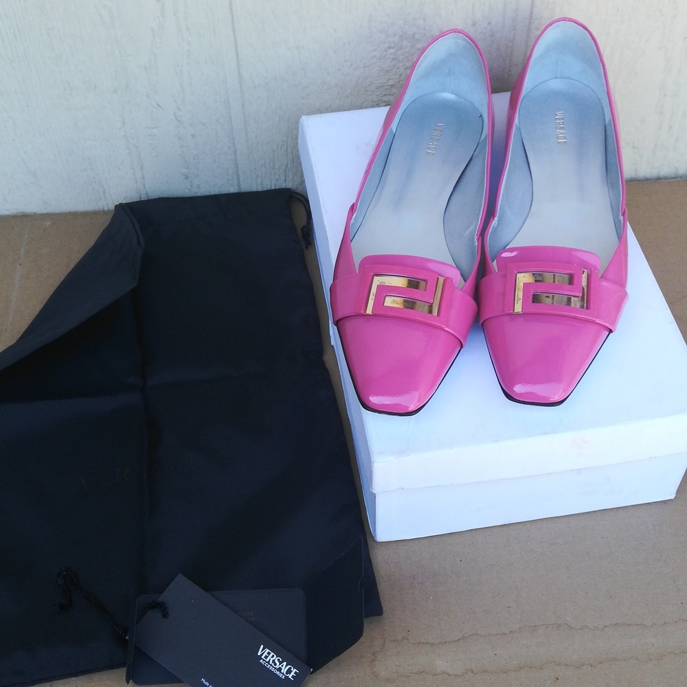 Versace Pink Patent Leather Loafers with Gold Hardware